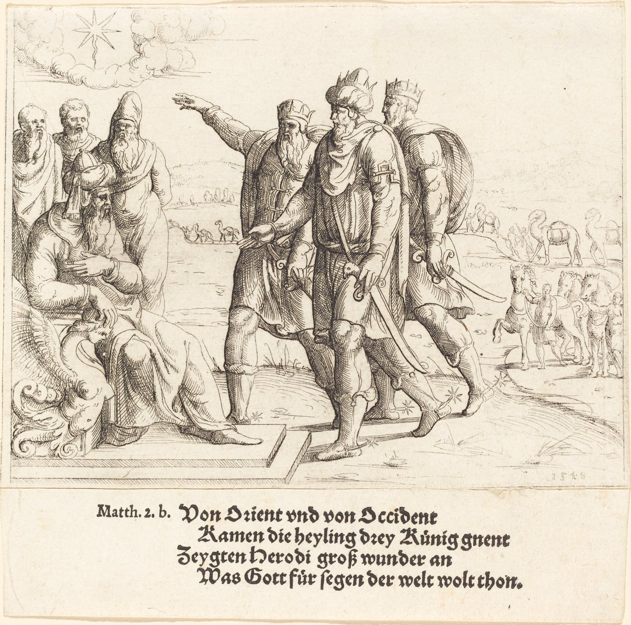 Tři králové říkají Herodovi o Kristově narození od Augustin Hirschvogel