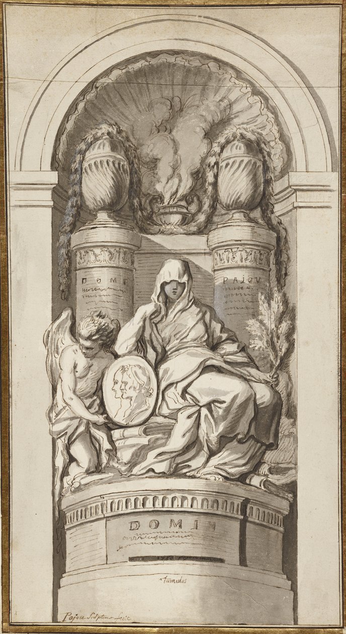 Studie pro pohřební památník, 1750 (černá křída, pero a hnědý inkoust, hnědé a šedé lazury, bílé zvýraznění na dvou spojených listech) od Augustin Pajou
