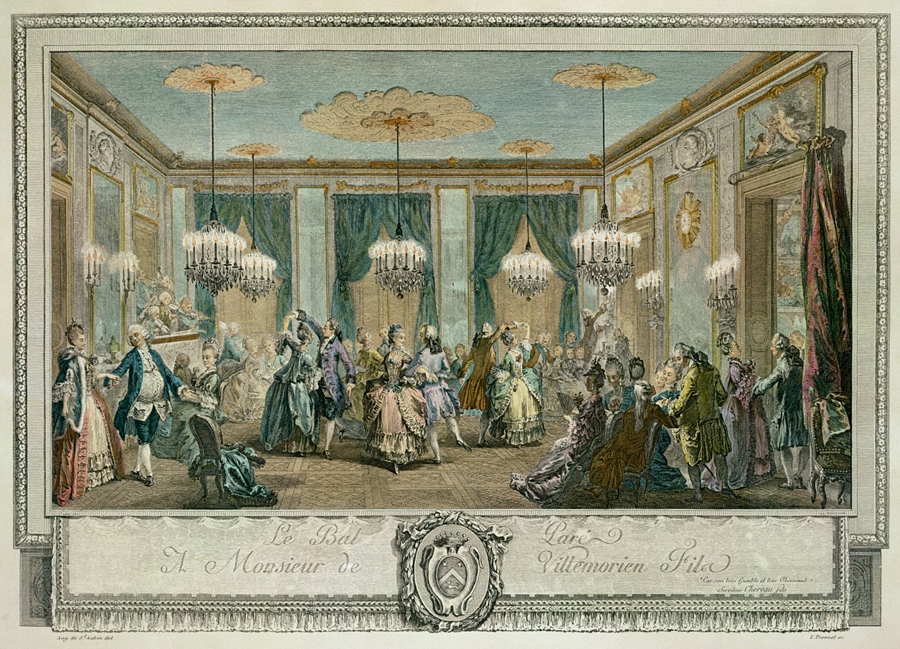 Ples večerních šatů v Domě monsieur Villemorien Fila, rytina L. Provost (kolorovaná rytina) (viz také 84578) od Augustin de (after) Saint Aubin