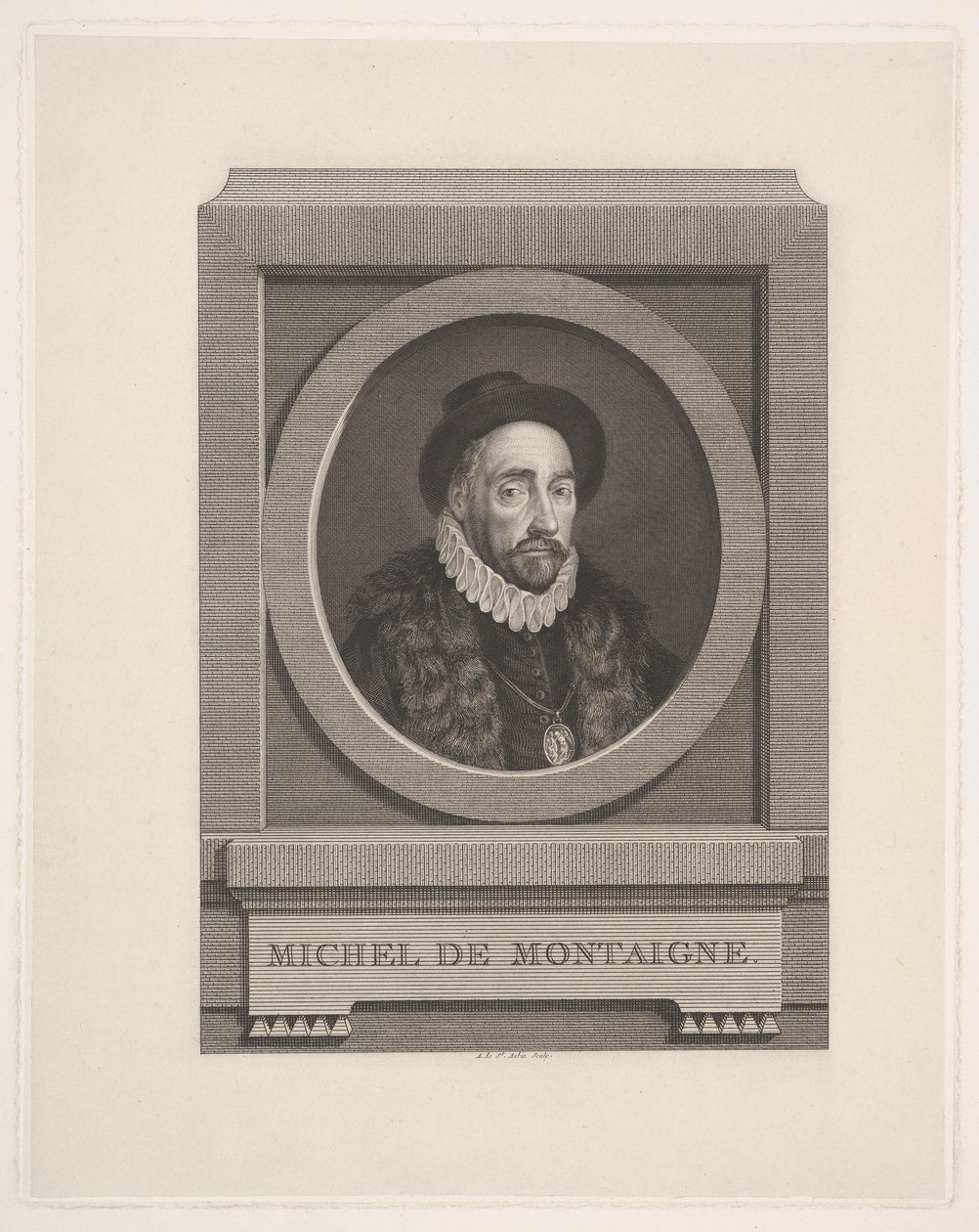 Portrét Michela de Montaigne od Augustin de Saint-Aubin
