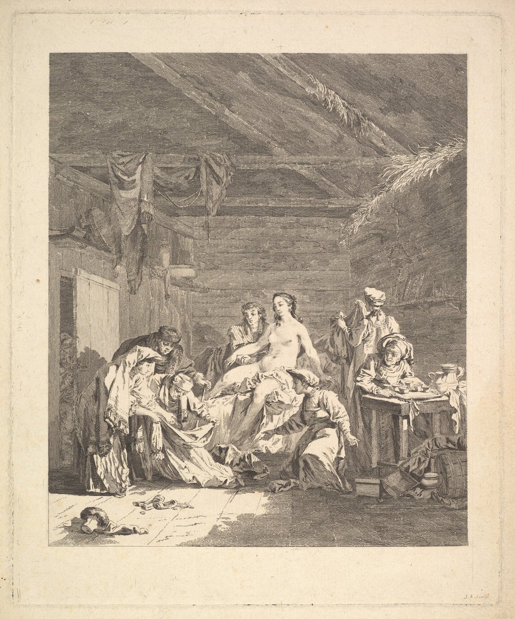 Po svatební noci je třeba ukázat povlečení. Z Voyage en Sibérie, 1767 od Augustin de Saint Aubin