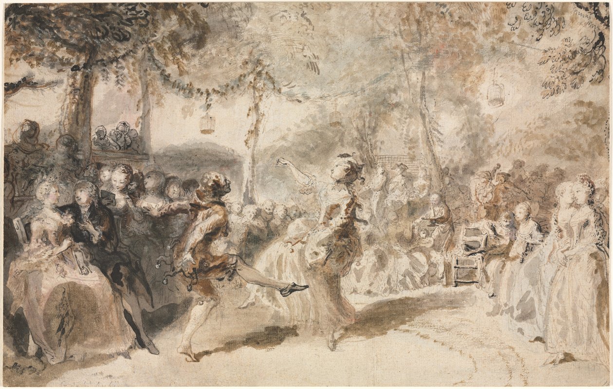 Kostýmovaní tanečníci vystupující v zahradní krčmě, 1756. od Augustin de Saint Aubin