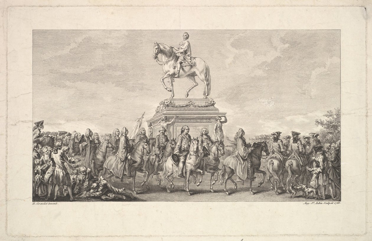 Inaugurace sochy Ludvíka XV., Viněta na straně 1, z Description des Trava..., 1766. od Augustin de Saint Aubin