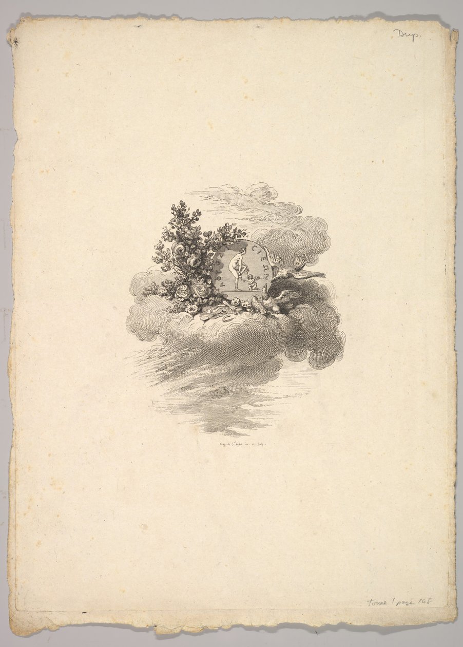 Viněta s mincí na obláčku s růžemi vlevo a holubicemi pod a vpravo..., 1778-80. od Augustin de Saint Aubin
