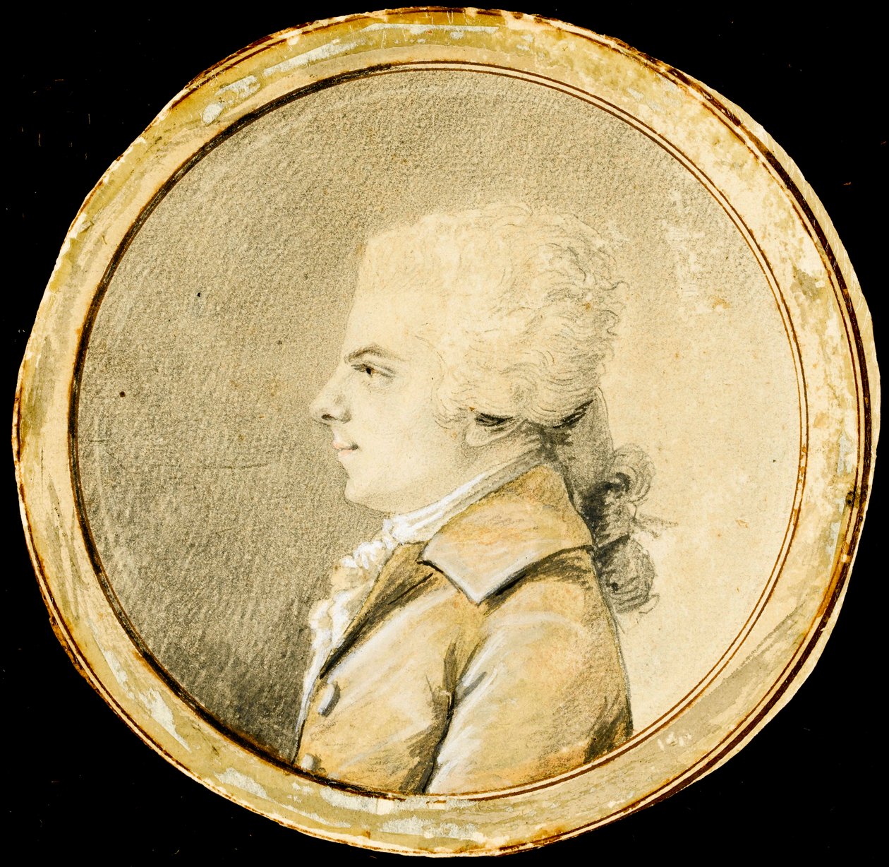 Wolfgang Amadeus Mozart - Augustin de Saint-Aubin (1736-1807). Sangvinik, černá křída a bílá barva na papíře, cca 1778. Rozměr : D 13,8 cm. Soukromá sbírka od Augustin de Saint Aubin