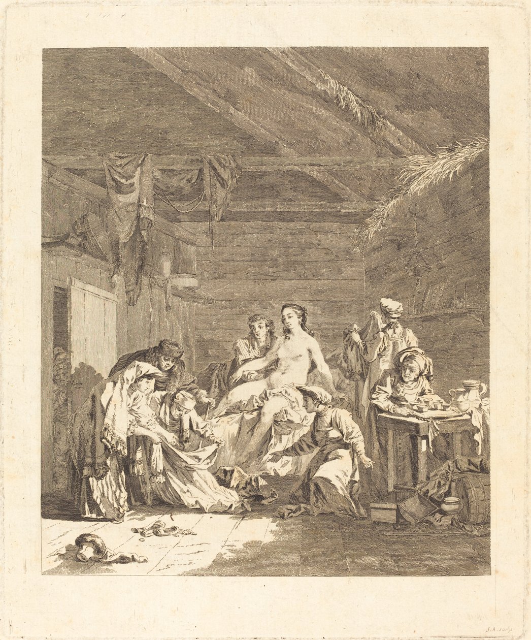 Le lever de la mariée russe (Ruský zvyk po svatebním obřadu a před svatební hostinou) od Augustin de Saint Aubin after Jean Baptiste Le Prince