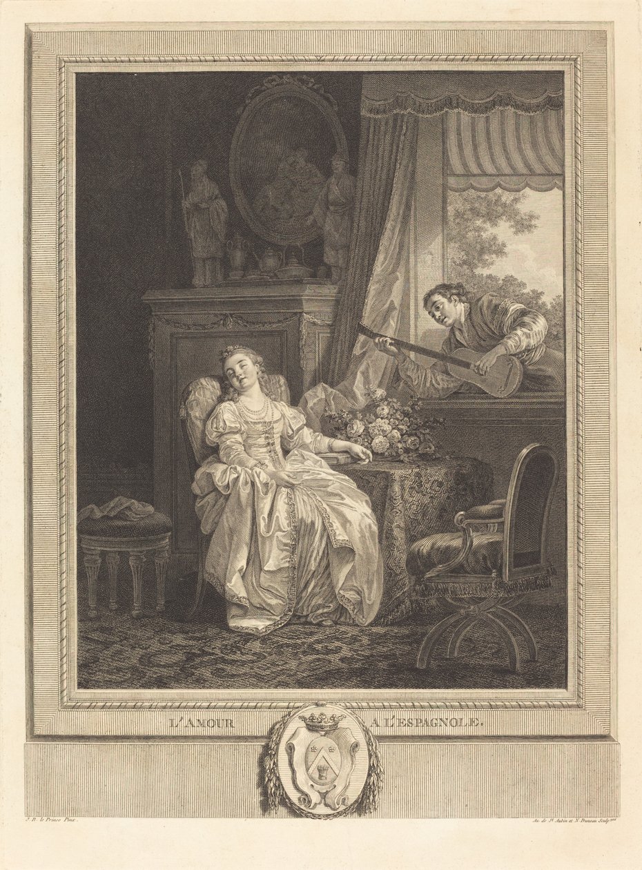 Španělská láska od Augustin de Saint Aubin and Noël Pruneau after Jean Baptiste Le Prince