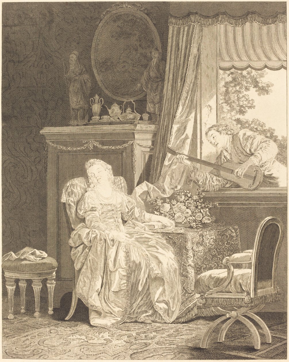 Španělská láska od Augustin de Saint Aubin and Noël Pruneau after Jean Baptiste Le Prince