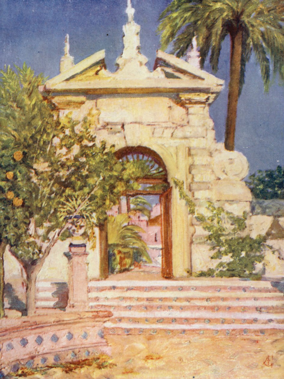 Brána v zahradě Alcazaru, Sevilla (barevná litografie) od Augustine Fitzgerald