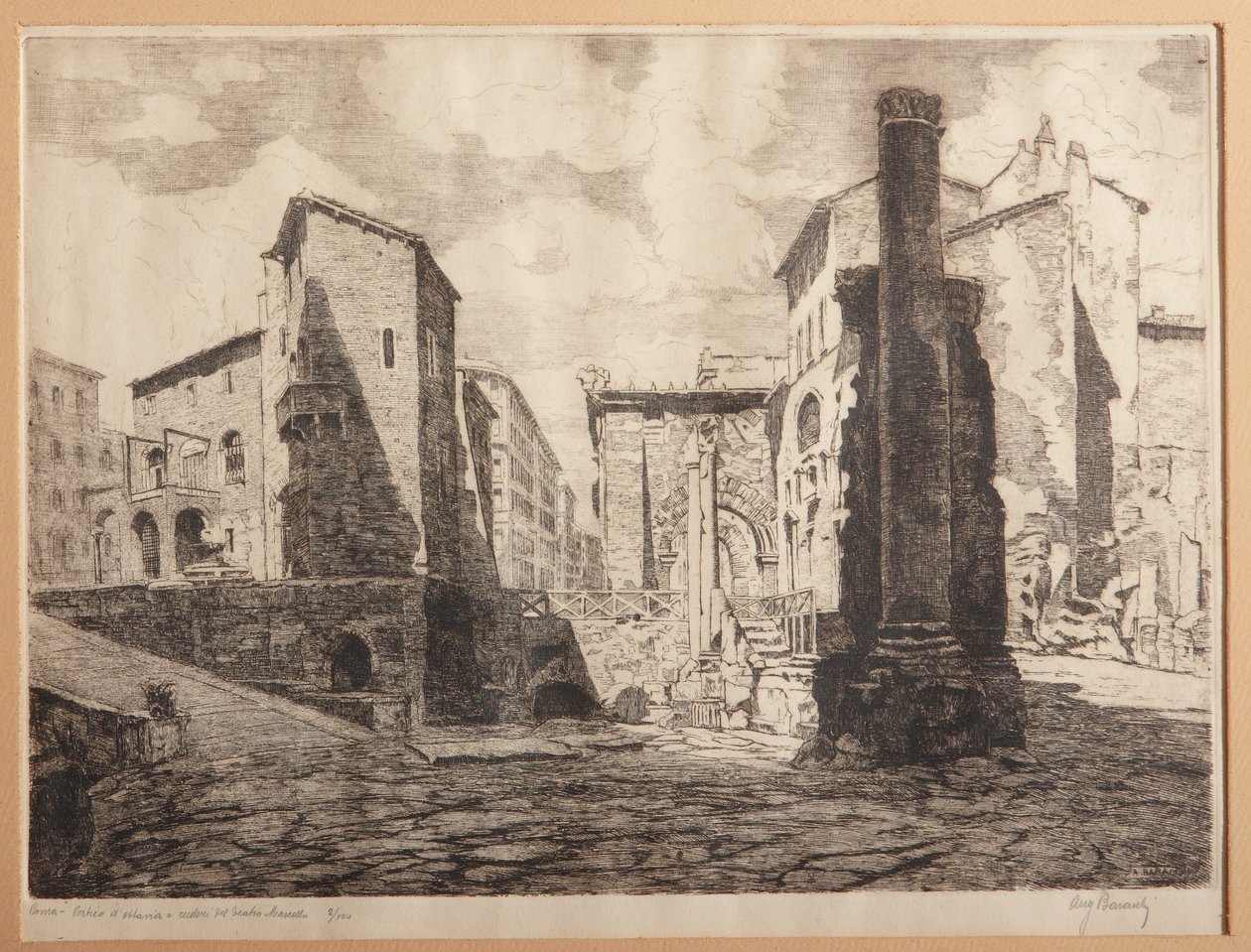 Řím, Porticus z Octaviae a ruiny Marcellova divadla (lept na papíře) od Augusto Baracchi