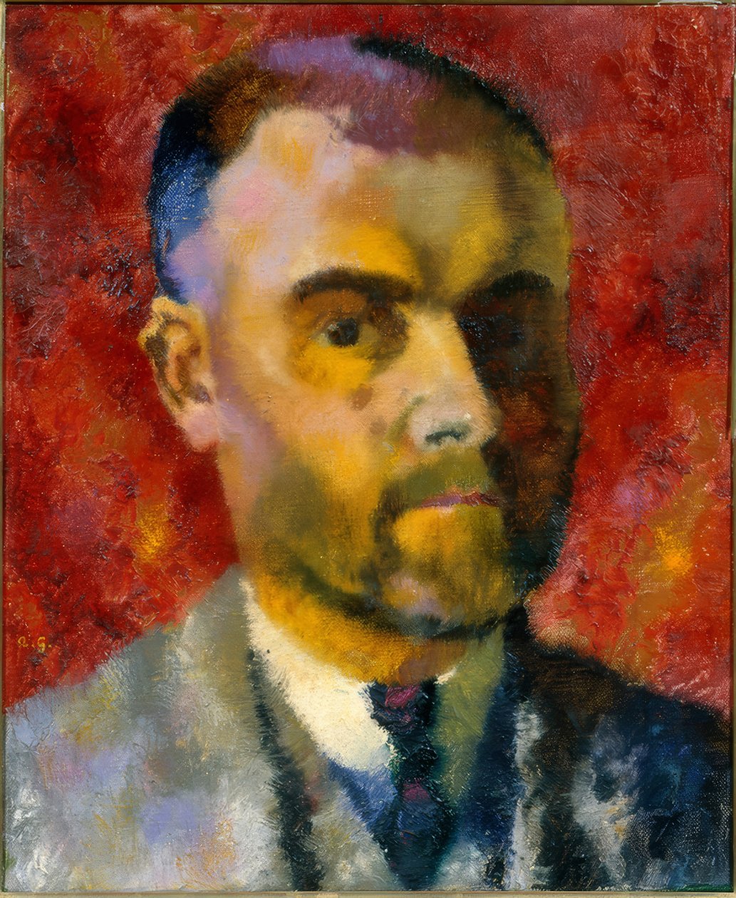 Autoportrét Augusta Giacomettiho na červeném pozadí od Augusto Giacometti