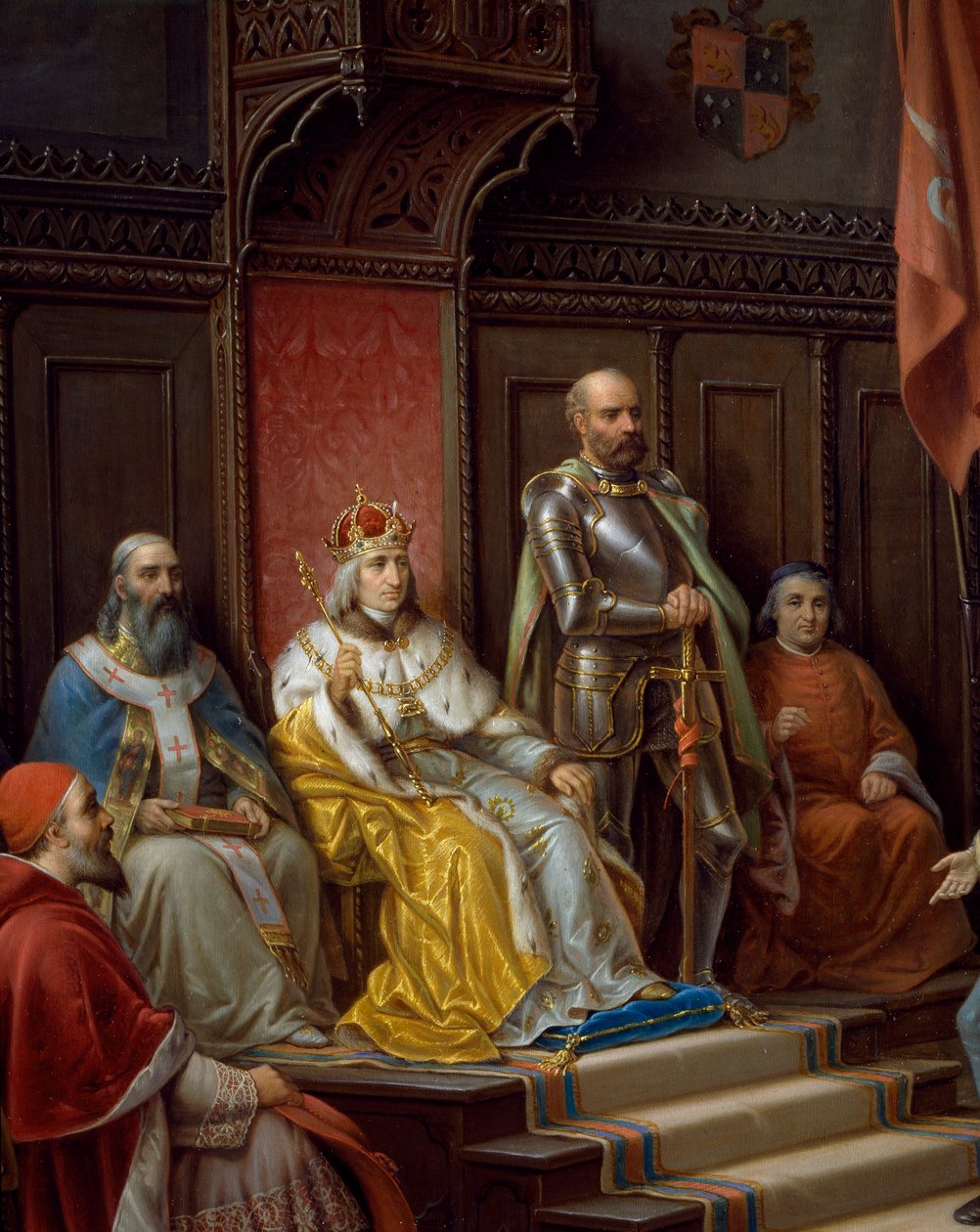Fridrich III na trůnu, detail z Fridricha III., který je tlačený k pochodu proti Turkům od terstského básníka Raffaele Zovenzoniho, obraz od Augusta Tominze (1818-1883) od Augusto Tominz