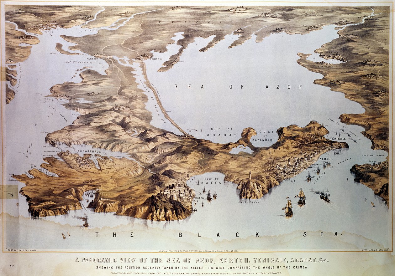 Panoramatický pohled na Azofské moře znázorňující pozici Spojenců, z vládních map a plánů a ze skic vytvořených vojenským inženýrem, hospoda. Stannard a Dixon, 1855 od Augustus Butler