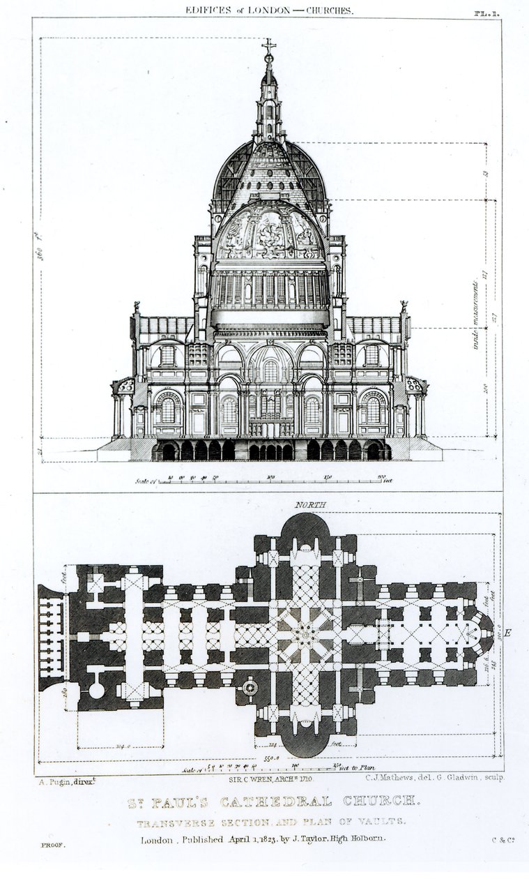 Příčný řez katedrálou sv. Pavla a plán kleneb, vyrytý C. J. Mathewsem a G. Gladwinem, vydáno v roce 1823 od Augustus Charles Pugin
