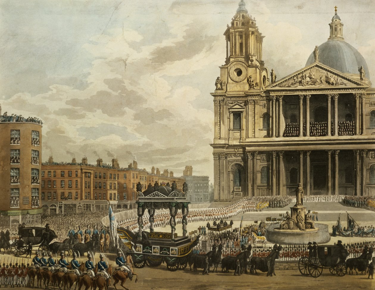 Smuteční průvod zesnulého vikomta Nelsona, z admirality do St. Pauls, 9. ledna 1806, ryl Merigot, pub. 1806 (akvatinta) od Augustus Charles Pugin