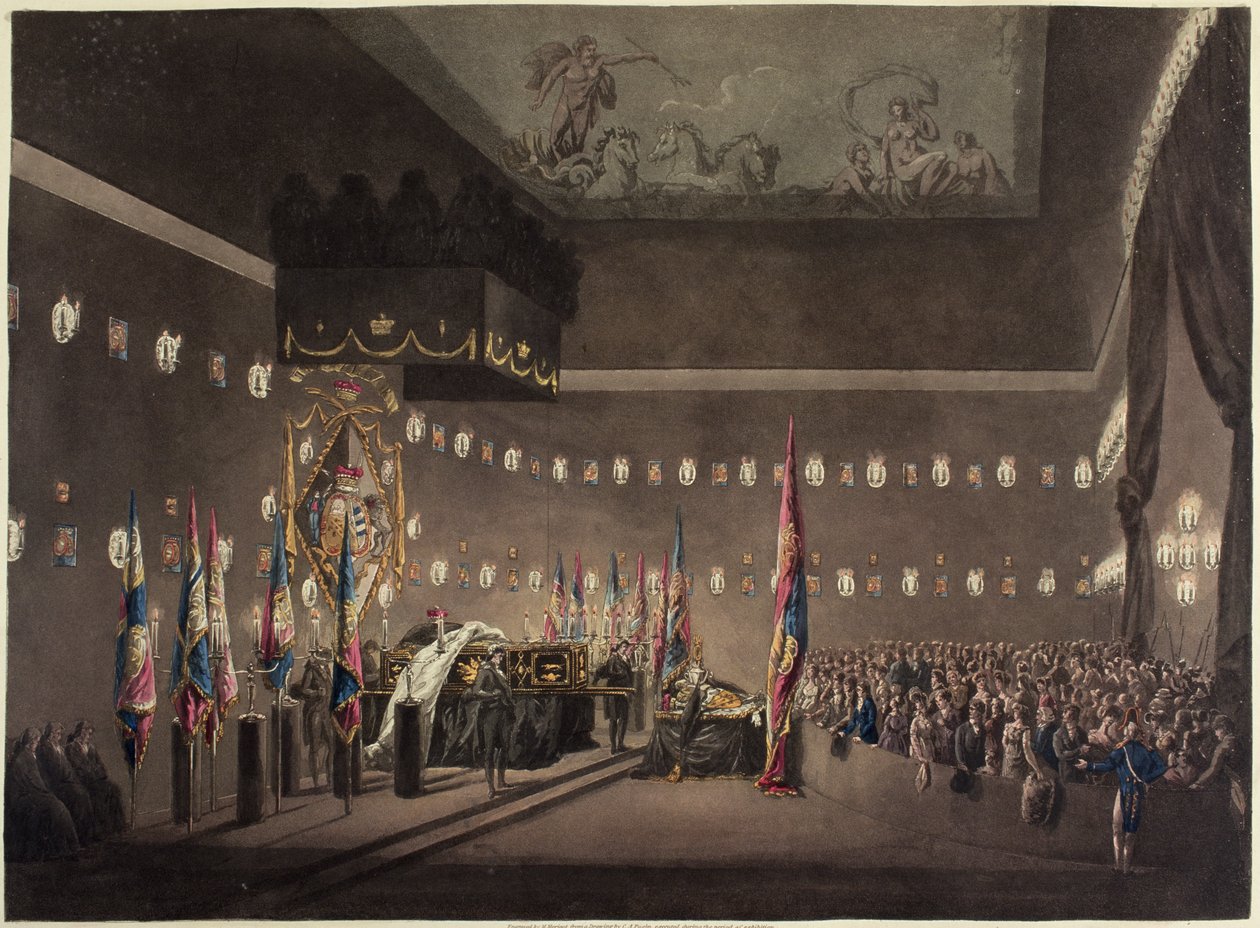 Pozůstatky lorda vikomta Nelsona ležící ve stavu v malované komoře v nemocnici Greenwich, vyryté M. Merigotem, 1806 od Augustus Charles Pugin