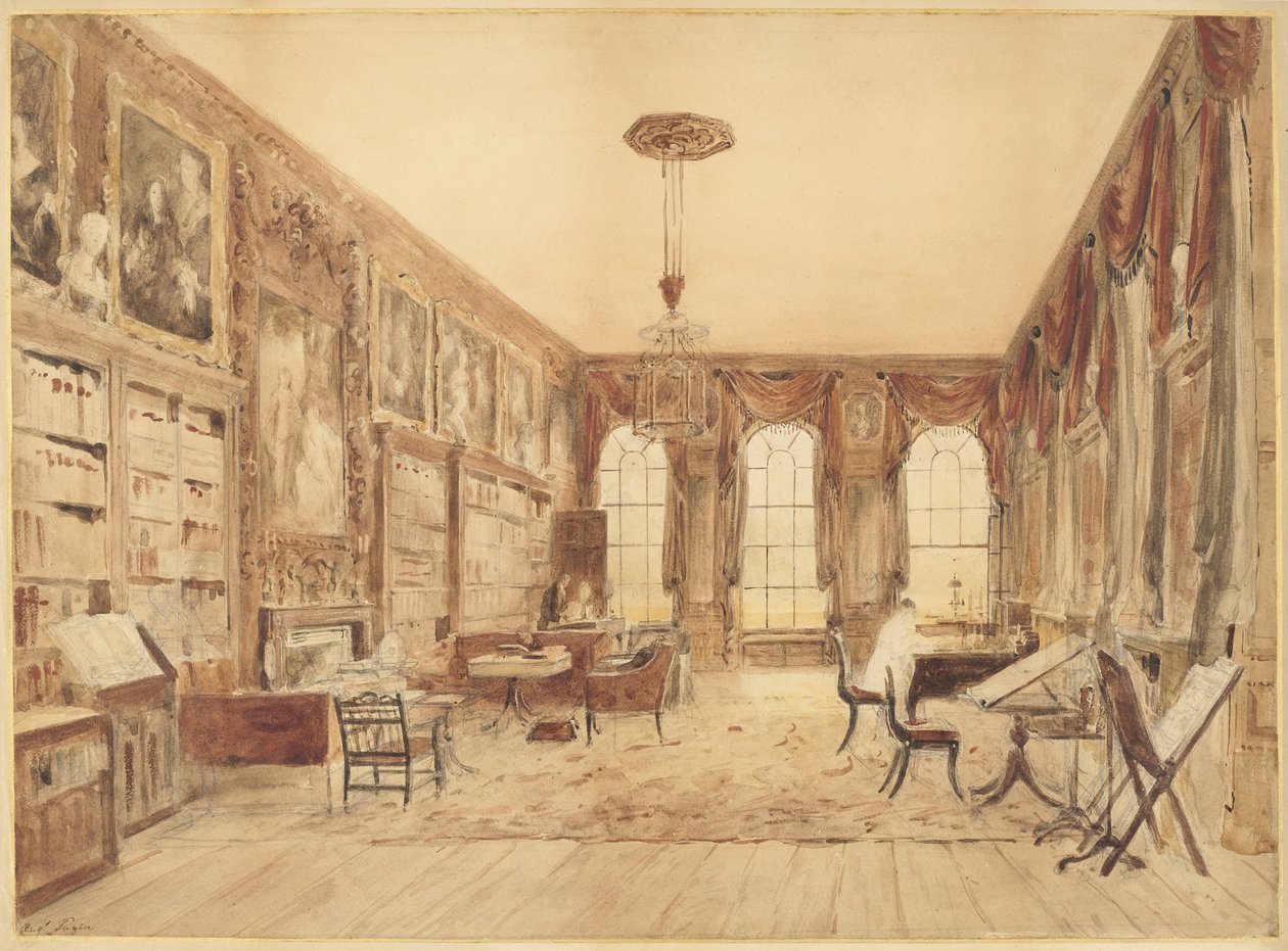 Interiér knihovny v Cassiobury od Augustus Charles Pugin