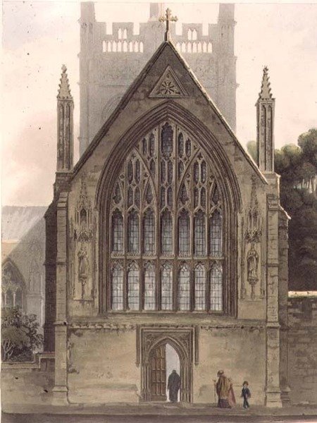 Exteriér Merton College, obrácený k severnímu oknu Ante kaple, ilustrace z 