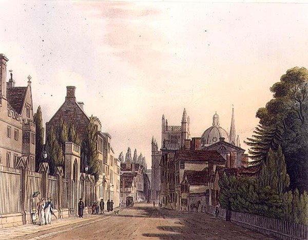 Exteriér Wadham Hall při pohledu z parků, ilustrace z 