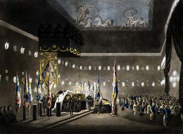 Pozůstatky lorda vikomta Nelsona ležící ve stavu v malované komoře v nemocnici Greenwich, vyryl J. Merigot, pub. 1806 (barevné rytí) od Augustus Charles (after) Pugin