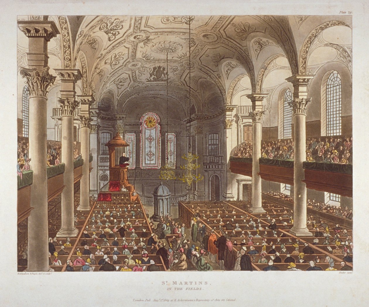 Interiér kostela svatého Martina-in-the-Fields, Westminster, Londýn, 1809 od Augustus Charles Pugin, Thomas Rowlandson