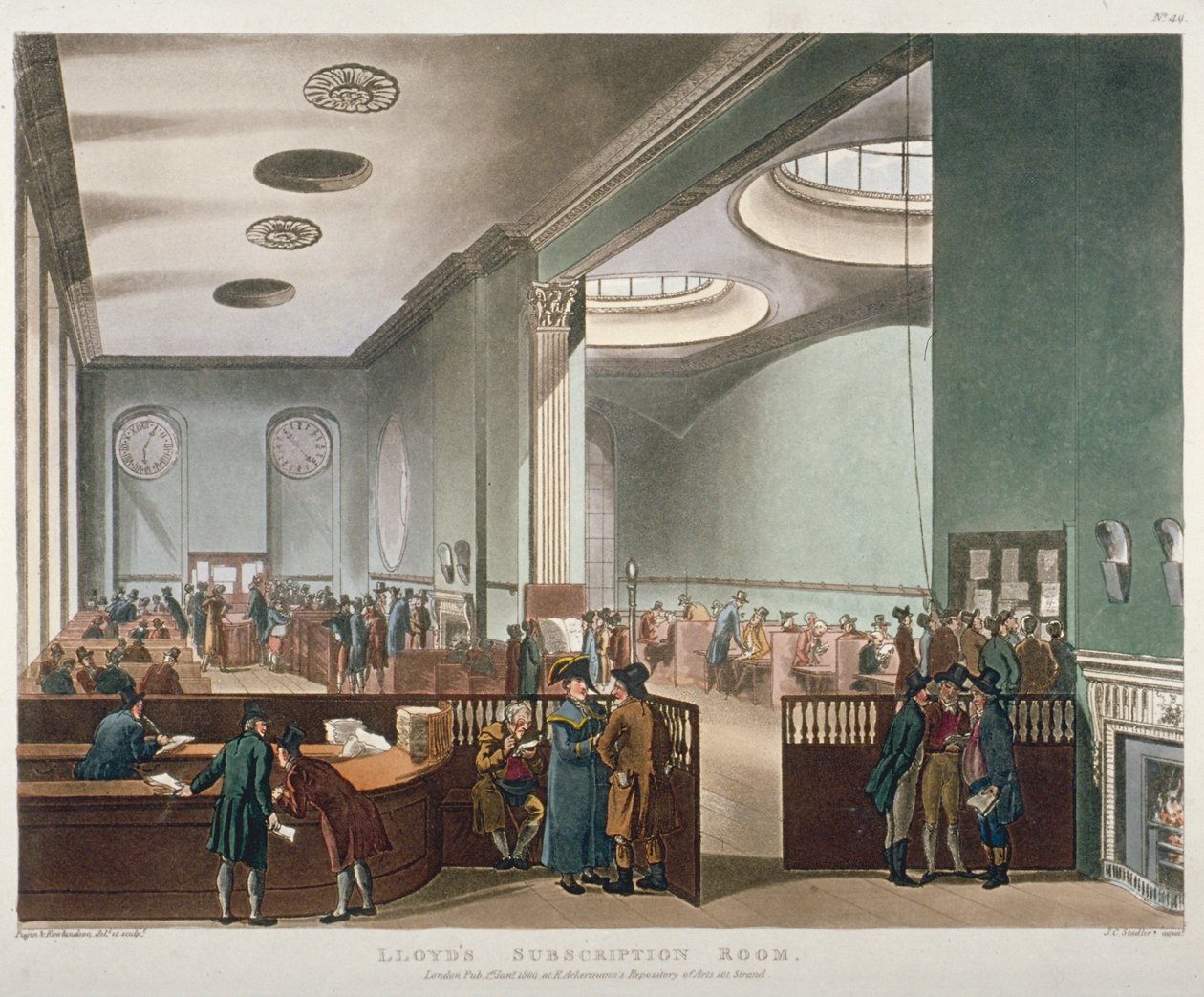 Vnitřní pohled na Lloyds Subscription Room v Royal Exchange, City of London, 1809 od Augustus Charles Pugin, Thomas Rowlandson