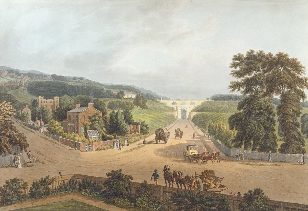 Pohled na Highgate Archway, 1821, vyrytý John Hill (1770-1850) (akvatinta) od Augustus Charles Pugin