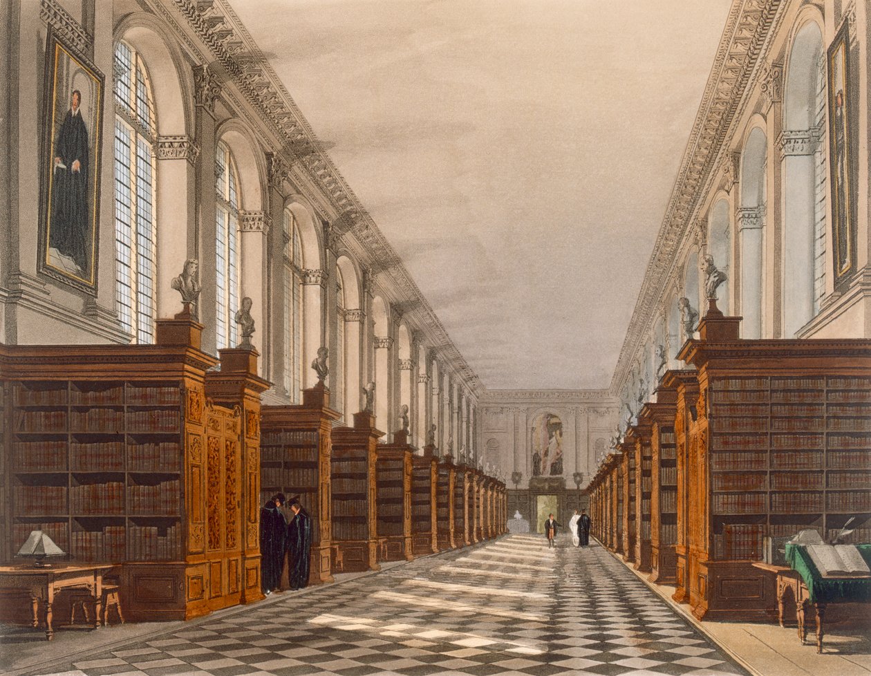 Interiér Trinity College Library, Cambridge, od The History of Cambridge, vyryl Daniel Havell (1785-1826), hospoda. od R. Ackermanna, 1815 (barevná akvatinta) od Augustus Charles Pugin