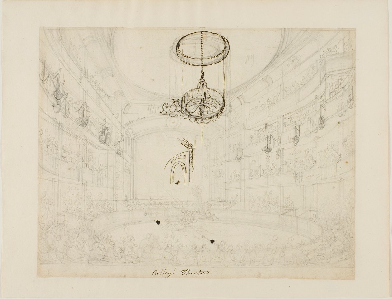 Studie k Astleyho divadlu (recto); studie ke křišťálovým chadelierům v Astleyho amfiteátru (verso) od Augustus Charles Pugin