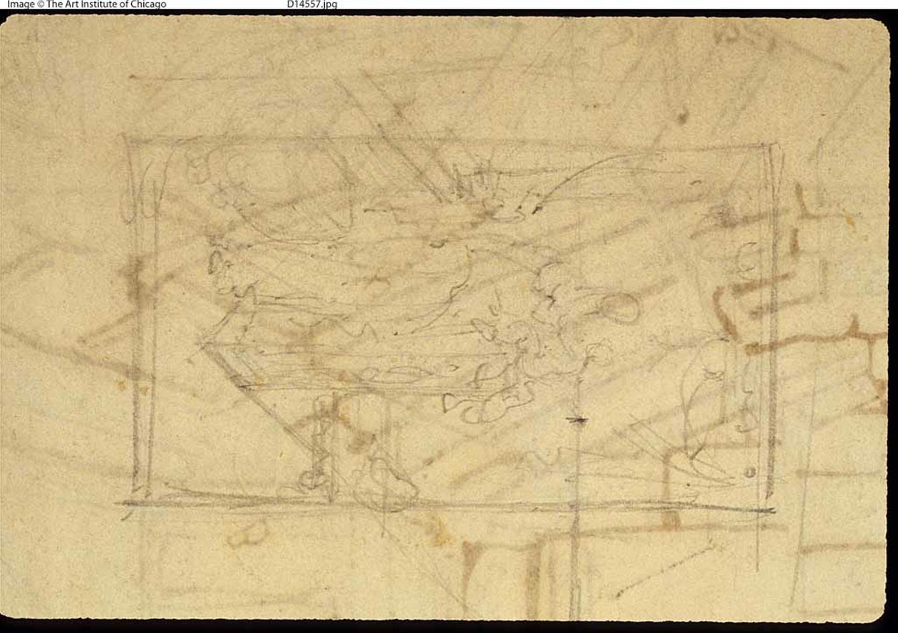 Studie pro výstavní místnost, Somerset House, z Microcosm of London (recto); Skica obrazu: Madonna a dítě (verze) od Augustus Charles Pugin