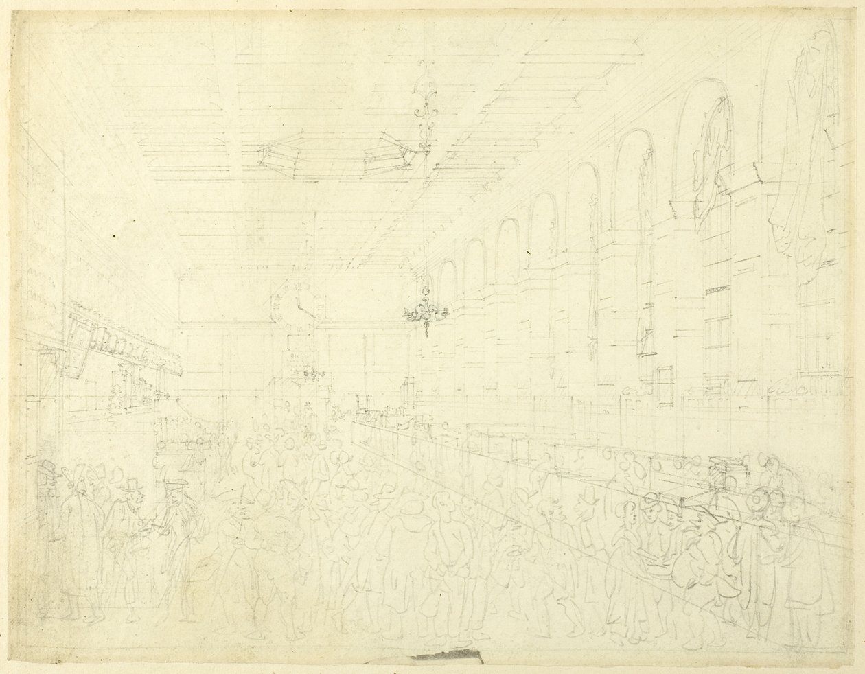 Studie pro The Long Room, Custom House, z knihy Mikrokosmos Londýna od Augustus Charles Pugin