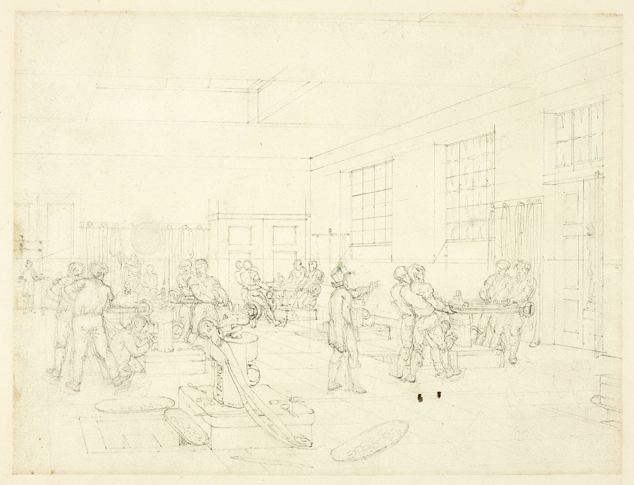 Studie k mincovně z mikrokosmu Londýna (recto); náčrtek nádvoří (verso) od Augustus Charles Pugin