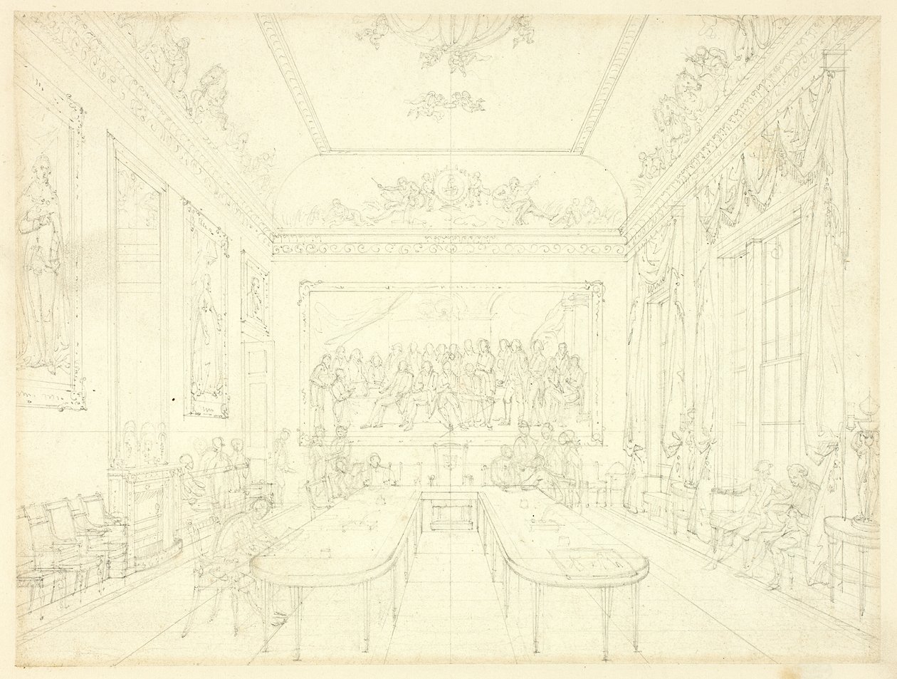 Studie pro Trinity House, z Microcosm of London (recto); Architektonický náčrt fasád řadového domu (verze) od Augustus Charles Pugin