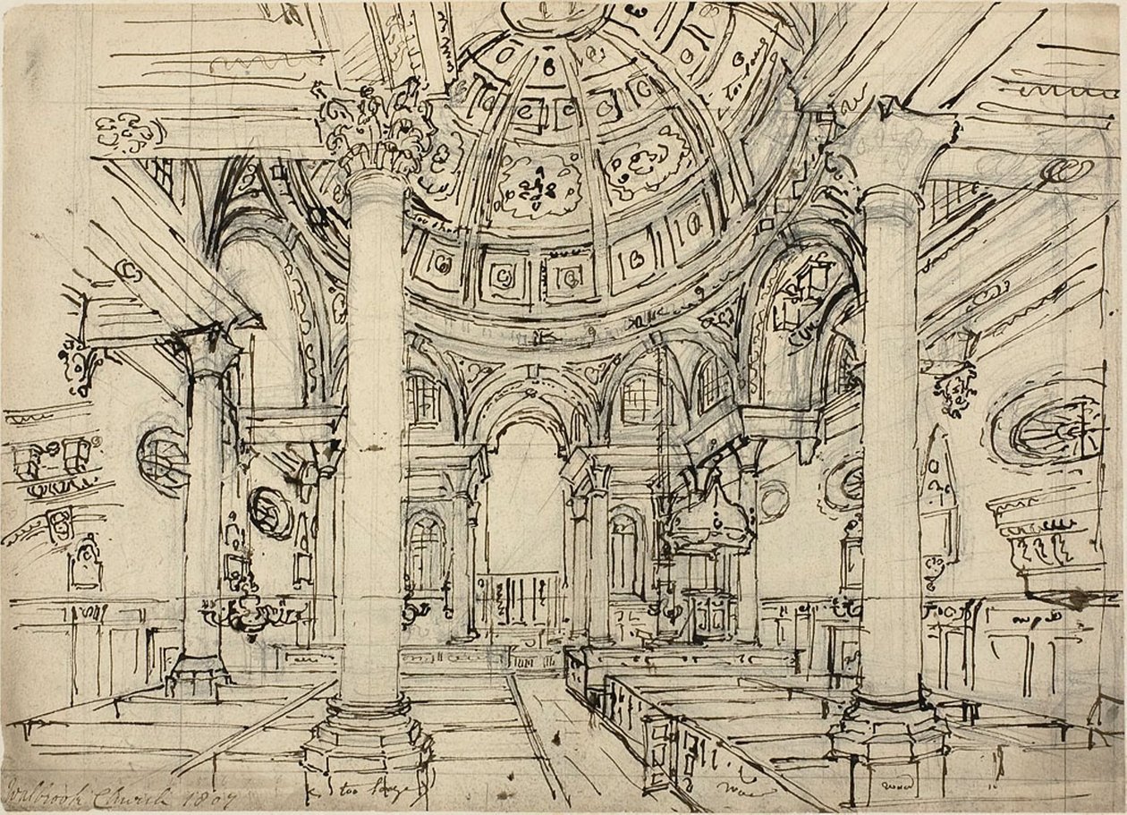 Studium pro Walbrook Church (recto); Náčrtky plachetnic, mužů a člunů (verze) od Augustus Charles Pugin