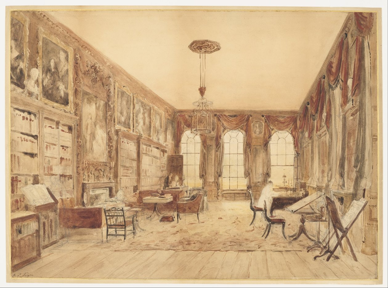Interiér knihovny v Cassiobury od Augustus Charles Pugin