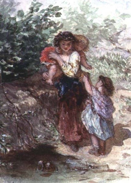 Dívka stojící s dítětem na ramenou, další dítě po jejím boku (akvarel na papíře) od Augustus Jules Bouvier