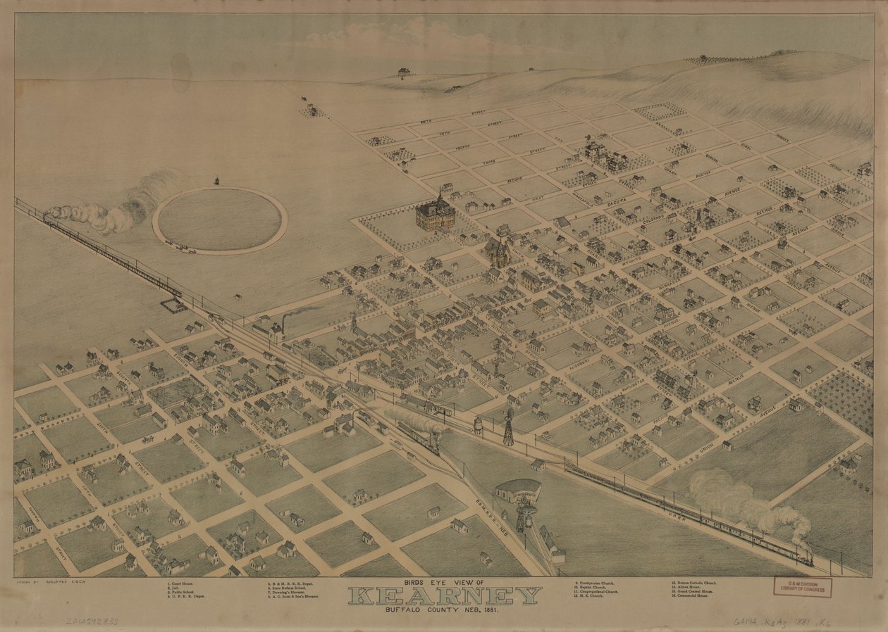 Pohled z ptačí perspektivy na Kearney, Buffalo County, Neb. 1881 LOC 2010592833 od Augustus Koch
