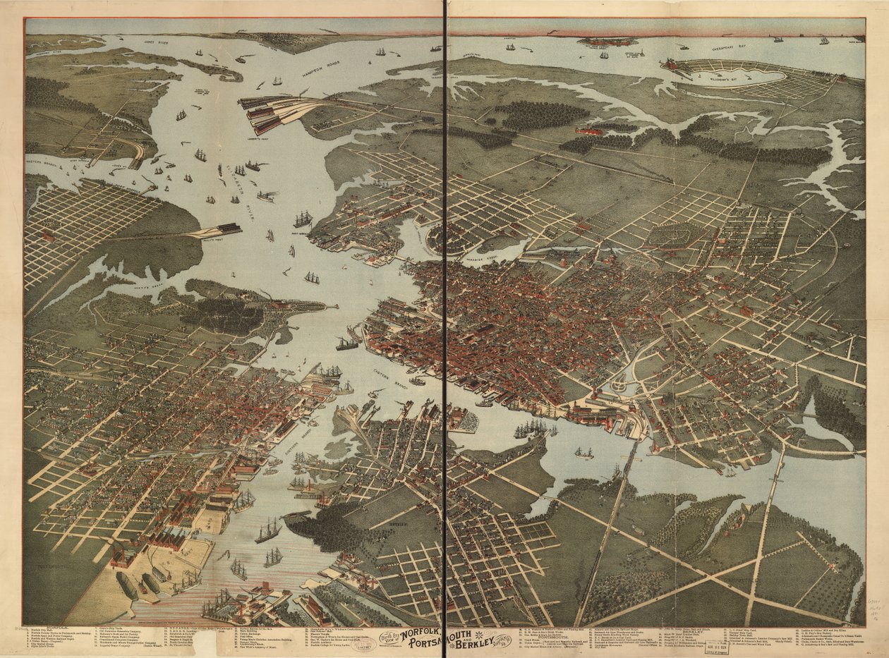 Pohled z ptačí perspektivy na Norfolk, Portsmouth a Berkley, Norfolk Co., Va. od Augustus; Morning News Lith Koch