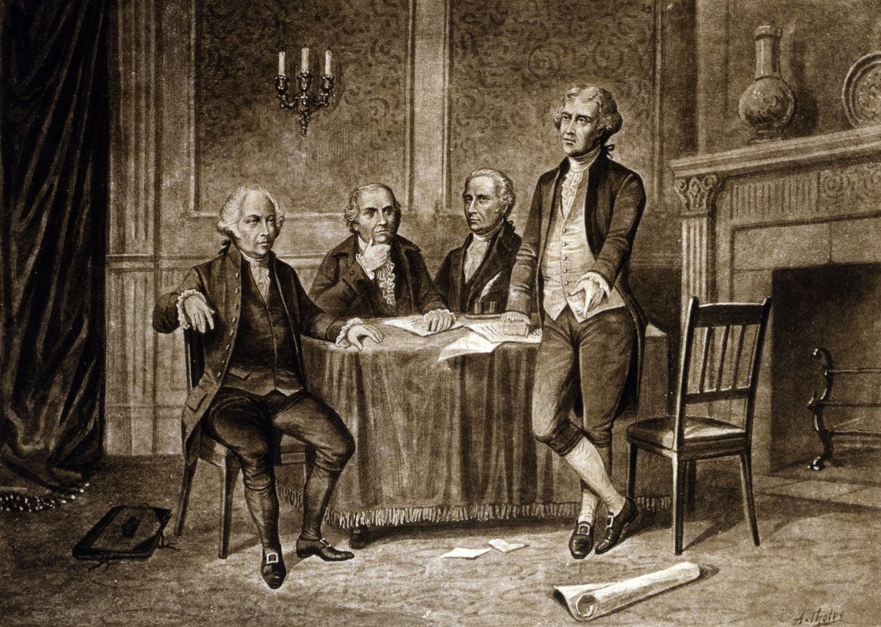 Vedoucí představitelé Kontinentálního kongresu 1775: John Adams, Robert Morris, Alexander Hamilton, Thomas Jefferson, kresba Augusta Tholeyho (1894) od Augustus Tholey