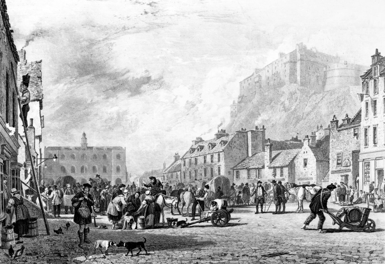Hrad z trávního trhu, Edinburgh, leptaný George Cooke a Henry Le Keux, 1820 od Augustus Wall Callcott