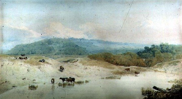 Pohled na Yorkshire, řeka a dobytek, (kresba) od Augustus Wall Callcott