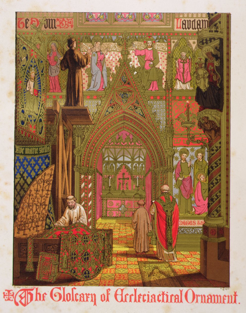 Tapiserie, závěsy a oltářní plátna, ze „Glosáře církevních ozdob a kostýmů“, litografie H.C. Maguire od Augustus Welby Northmore (after) Pugin