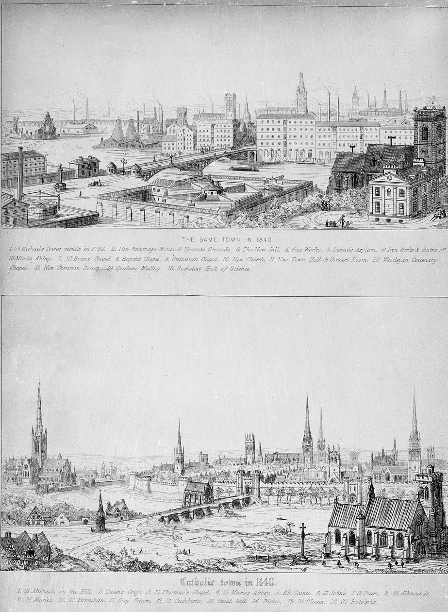 Katolické město v roce 1440 a stejné město v roce 1840 od Augustus Welby Northmore Pugin
