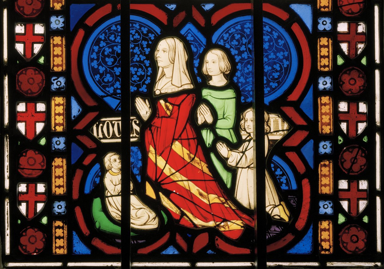 Puginova druhá manželka Louisa se svou nevlastní dcerou Anne a jejími dvěma dcerami Agnes a Katherine, Chapel East Window, kolem roku 1844 (vitráže) od Augustus Welby Northmore Pugin