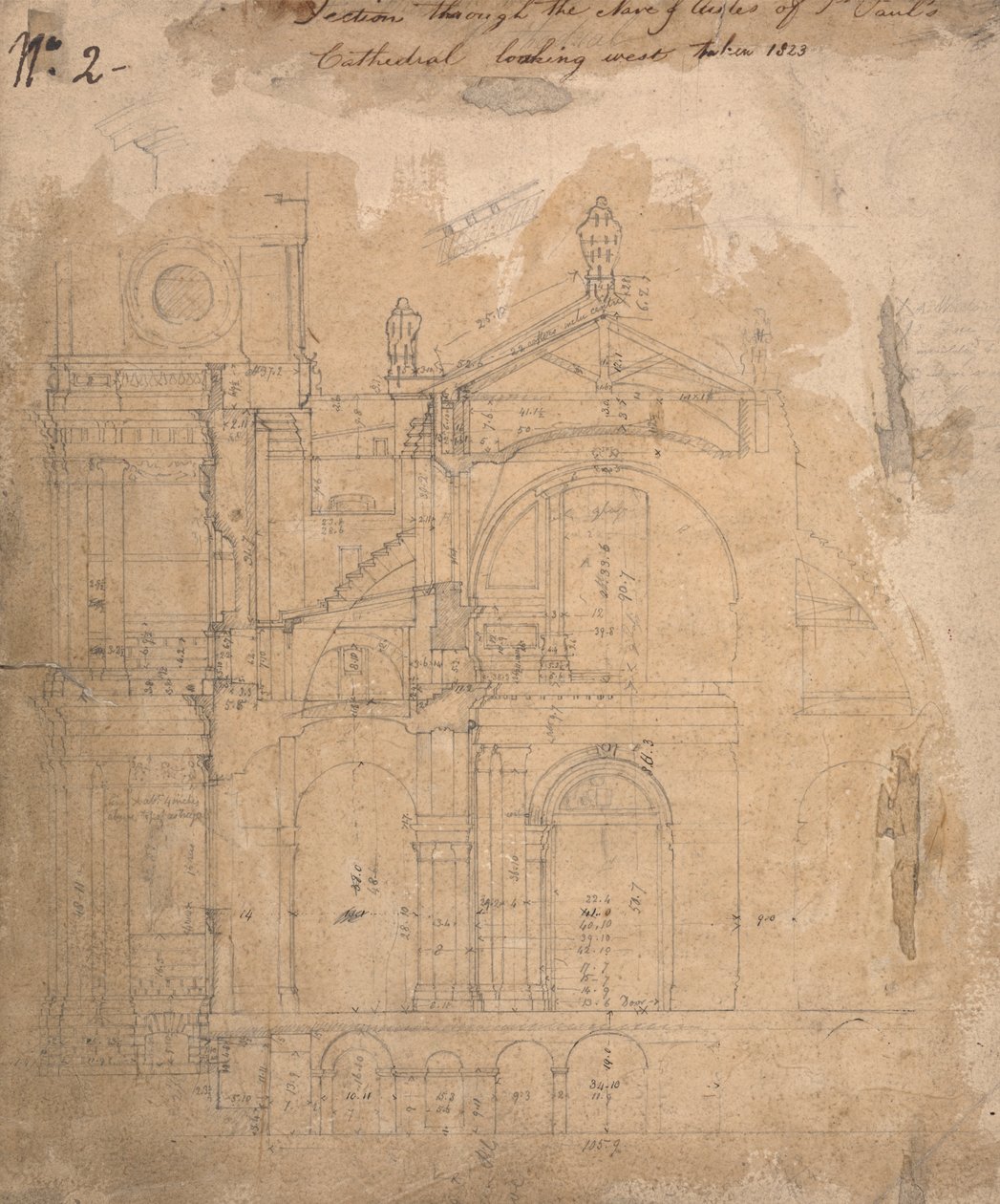 Řez hlavní lodí katedrály sv. Pavla při pohledu na západ od Augustus Welby Northmore Pugin