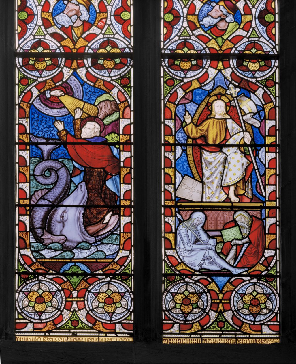 Typy a antitypy: Jonáš a velryba a vzkříšený Kristus, detail, 1850 (vitráže) od Augustus Welby Northmore Pugin