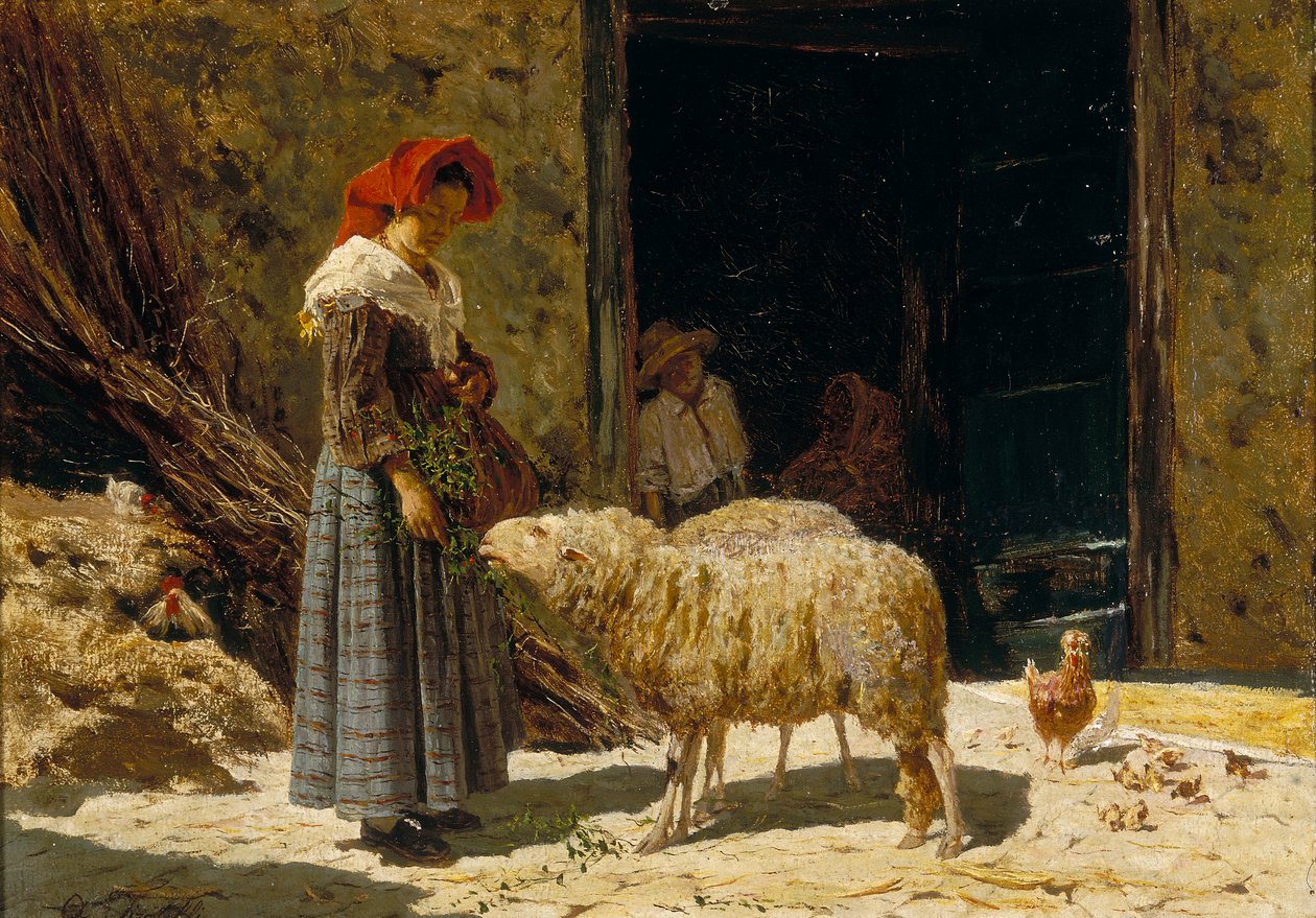 Holčička s ovečkami od Aurelio Tiratelli