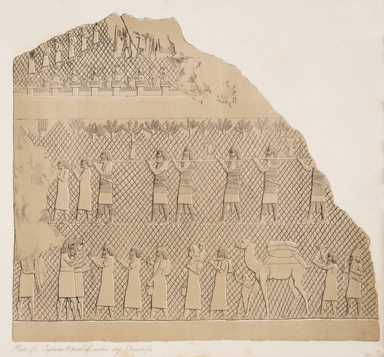Ilustrace zajatců a části opevněného města (Kouyunjik) z Monuments of Ninive, 1858 od Austen Henry Layard