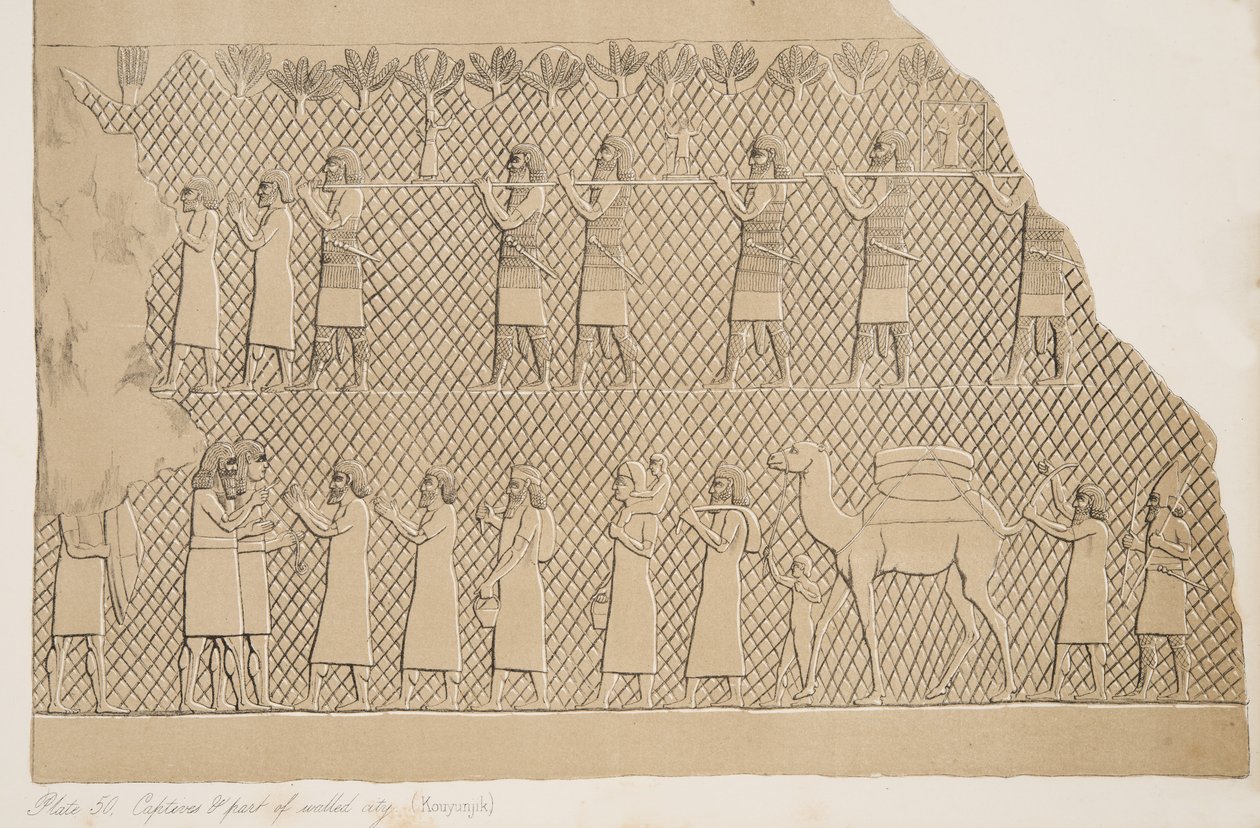 Detail ze zajatců a části opevněného města (Kouyunjik), ilustrace z Monuments of Ninive, 1858 od Austen Henry Layard