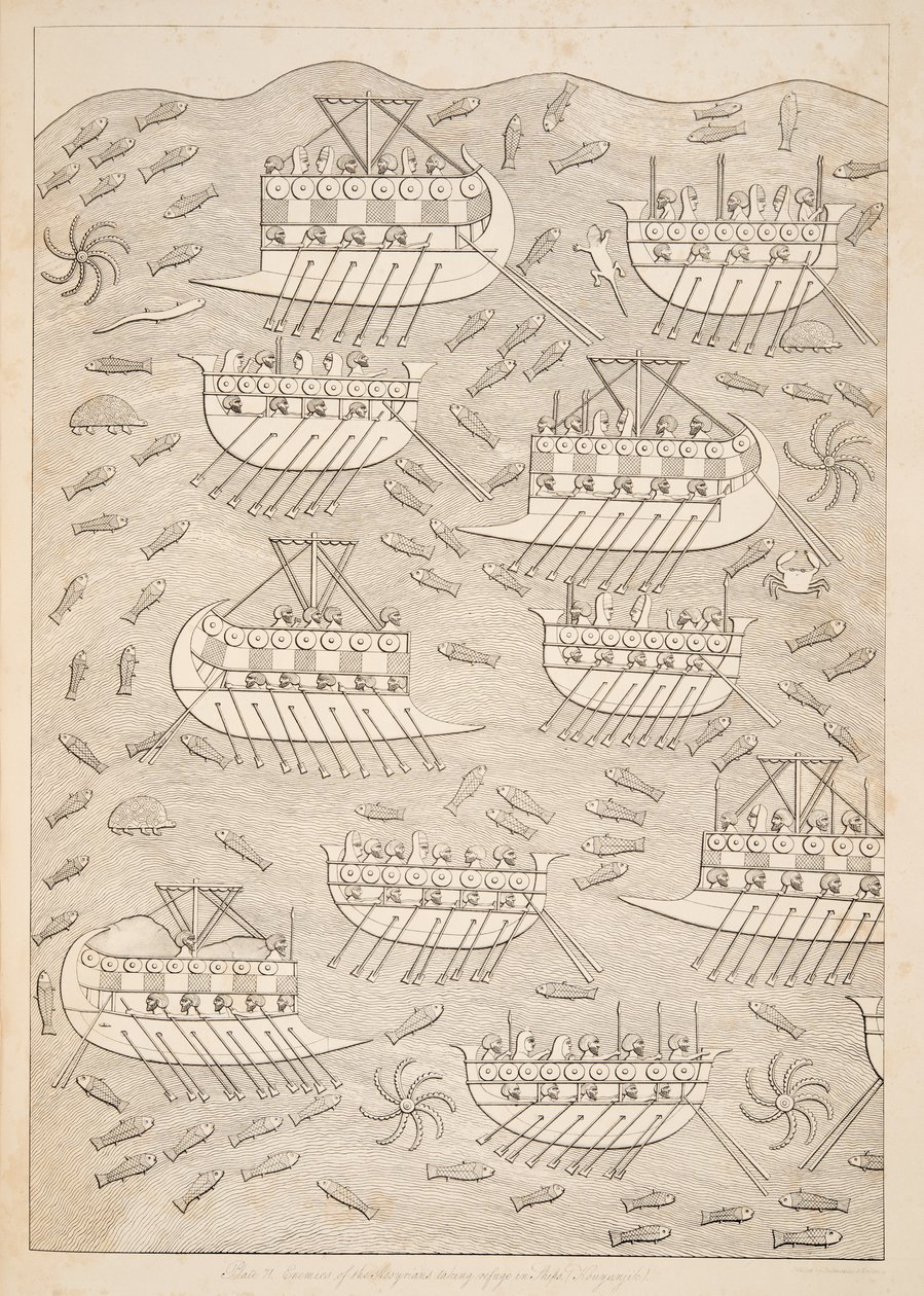 Nepřátelé Asyřanů ukrývající se na lodích (Kouyunlik), z Monuments of Niniveh, hospoda. 1849 od Austen Henry Layard